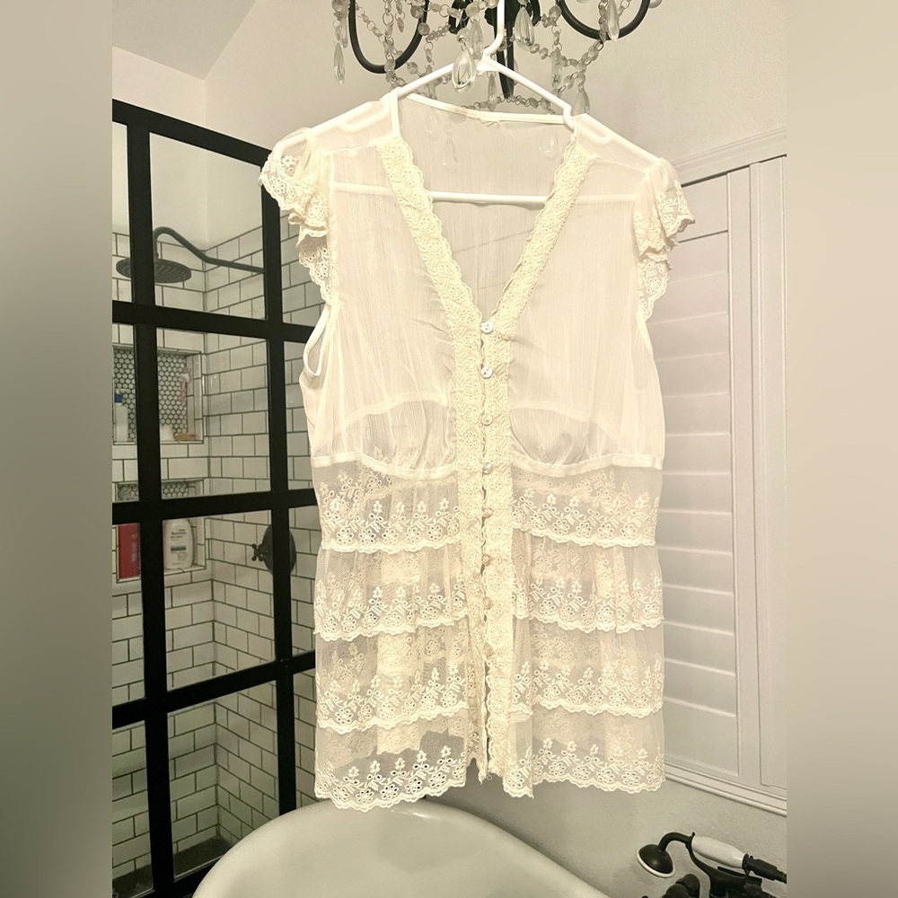 Cream Sheer Blouse With Tank Top (set) Size Medium